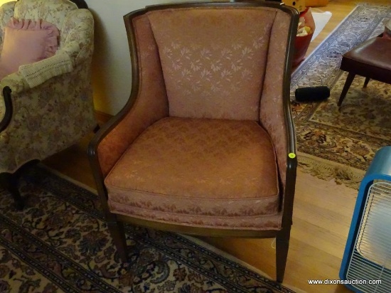 (LR) ARM CHAIR; MOORE OF BEDFORD MAHOGANY AND RED FLORAL UPHOLSTERED ARM CHAIR. MEASURES 26 IN X 29