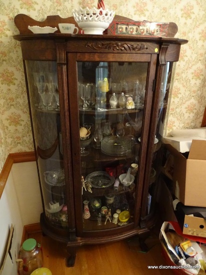 (DR) CHINA CABINET/CURIO; OAK CHINA CABINET WITH GALLERY BACK, BOW FRONT GLASS DOOR AND SIDE PANELS,