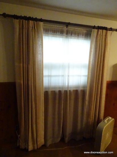 (DEN) LOT OF CURTAINS AND RODS; 4 PANELS OF DUSTY ROSE AND CREAM COLORED PATTERNED CURTAINS, 4