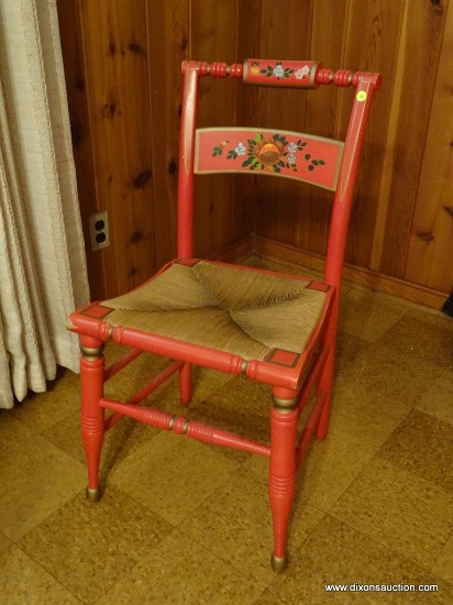 (DEN) RED VINTAGE SIDE CHAIR BY THE BOWLINE COMPANY. FINISH RED "B" PATTERN 26. MARKED WITH NUMBERS