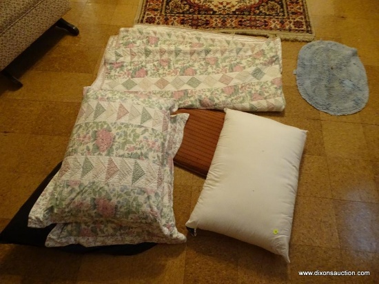 (DEN) QUILTED BEDSPREAD, PILLOW CASE COVERS, PILLOWS WITH A LIGHT PINK AND GREEN FLORAL DESIGN.