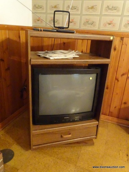 (DEN) WOOD TV STAND ON A ROTATING BASE; FEATURES ONE SHELF THAT PULLS OUT AND ONE DRAWER. MEASURES