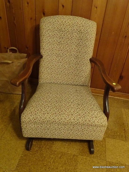 (DLR) ROCKING ARMCHAIR; FLORAL UPHOLSTERED MAHOGANY ARMCHAIR. IS IN VERY GOOD CONDITION AND MEASURES