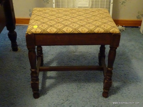 (MBR) VANITY STOOL; VANITY/DRESSER HEIGHT UPHOLSTERED SEAT AND MAHOGANY STOOL. MEASURES 17 IN X 12