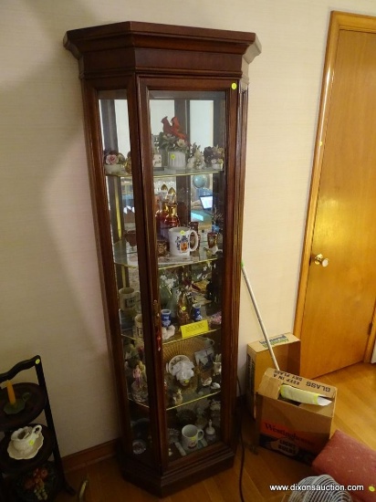 (LR) CURIO CABINET; CHERRY CABINET WITH 1 GLASS DOOR AND 2 GLASS SIDE PANELS. HAS 5 SHELVES (4 ARE