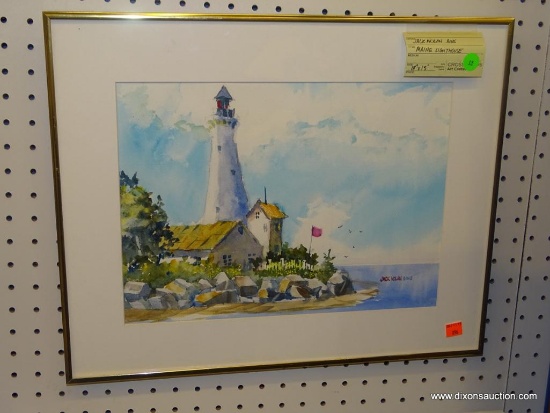 ORIGINAL JACK NOLAN WATERCOLOR; "MAINE LIGHTHOUSE" WATERCOLOR PAINTING SHOWING A LIGHTHOUSE ON A