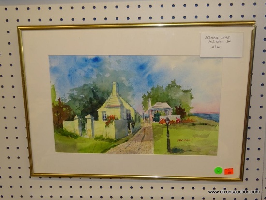 ORIGINAL JACK NOLAN WATERCOLOR; "BERMUDA LANE" WATERCOLOR PAINTING SHOWING HOMES SEPARATED BY A LANE