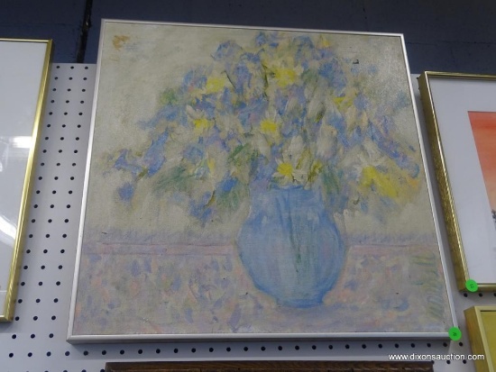 ORIGINAL OIL ON CANVAS; STILL LIFE OIL ON CANVAS SHOWING A CLEAR BLUE VASE FILLED WITH YELLOW AND