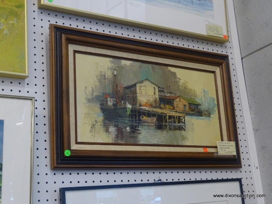 ORIGINAL ACRYLIC ON BOARD; "GLOUCESTER REVISITED" BY EDWARD J. ELHOFF SHOWS A FISHING BOAT DOCKED IN