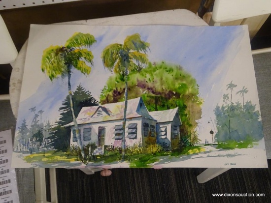 ORIGINAL JACK NOLAN WATERCOLOR; UNNAMED PIECE ON ARCHIVAL WATERCOLOR PAPER SHOWING A WHITE HOME WITH