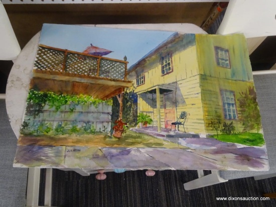 ORIGINAL JACK NOLAN WATERCOLOR; UNNAMED PIECE ON ARCHIVAL WATERCOLOR PAPER SHOWING A YELLOW HOME AND