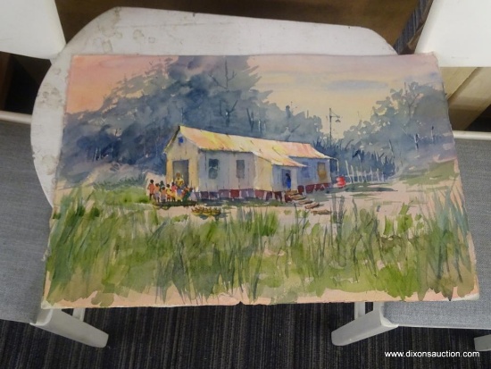 ORIGINAL JACK NOLAN WATERCOLOR; UNNAMED PIECE ON ARCHIVAL WATERCOLOR PAPER SHOWING A HOME WITH A