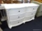 WHITE PAINTED DRESSER; AMERICAN SIGNATURE SERPENTINE FRONT AND BRAIDED EDGE 6 DRAWER DRESSER ON BUN