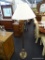 COPPER FLOOR LAMP; COPPER FLOOR LAMP WITH ADJUSTABLE ARM AND CREAMER, EMPIRE SHADE. MEASURES 61 IN