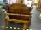 VINTAGE TWIN WOODEN HEADBOARD AND FOOTBOARD WITH RAILS; HAS FOUR ROUND TOPS,