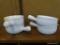 SOUP BOWLS FROM CRATE AND BARREL; SET OF FOUR SOUP WHITE BOWLS WITH ROUNDED HANDLE.