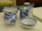 ASIAN DECOR ASSORTMENT; CERAMIC ASSORTMENT OF FOUR PIECES. THREE PIECES ARE WHITE WITH ROYAL BLUE