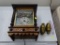 ANTIQUE WOOD WALL CLOCK WITH BRASS WEIGHTS; INCLUDES 2 BRASS WEIGHTS. THE BACK IS DETACHABLE TO GET