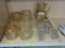 PARTIAL SHELF LOT OF ASSORTED GLASSWARE; THIS 13 PIECE LOT INCLUDES 4 WATER GLASSES WITH A GOLD
