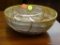 MARBLE BOWL; ORANGE AND GREEN SWIRLED MARBLE BOWL. MEASURES 8 IN X 3 IN.