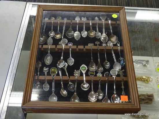 VINTAGE WOODEN SHADOW BOX WITH COLLECTABLE SPOONS; SHADOWBOX LINED IN BLACK WITH 3 ROWS OF 12 SPOON
