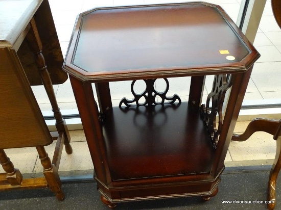 END TABLE; CHERRY END TABLE WITH LOWER SHELF AND 1 HIDDEN DRAWER. IS IN EXCELLENT CONDITION AND