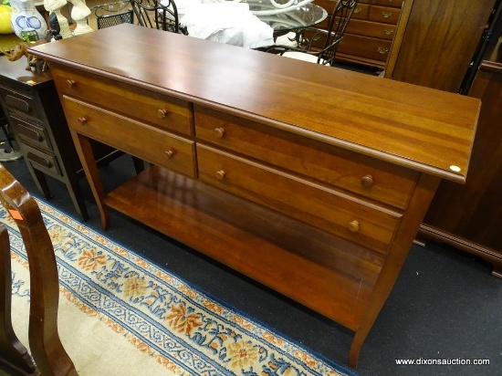 SIDE BOARD; 4 DRAWER CHERRY SIDEBOARD WITH 1 LOWER SHELF. IS IN EXCELLENT CONDITION AND MEASURES 56