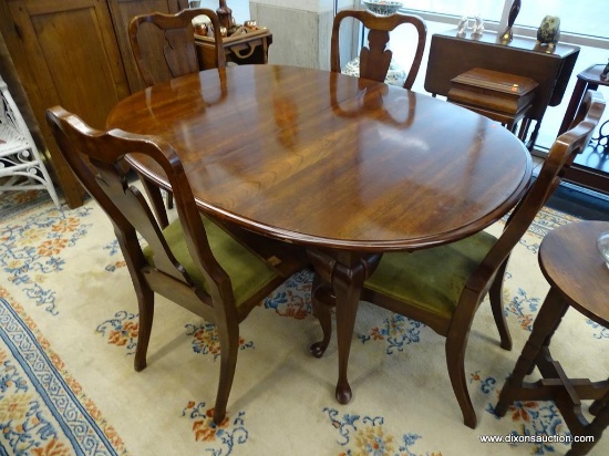DINING ROOM SET; INCLUDES A MAHOGANY QUEEN ANNE DINING TABLE WITH TWO 10 IN LEAVES (MEASURES 80 IN X