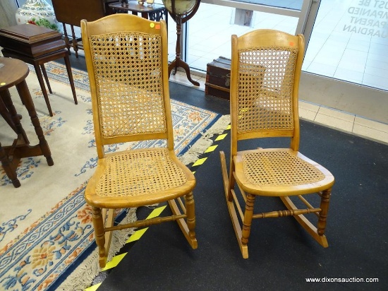 CANE BACK ROCKERS; PAIR OF LIGHT WOOD ROCKING CHAIRS WITH INTACT CANE BACKS AND SEATS. THESE ROCKERS