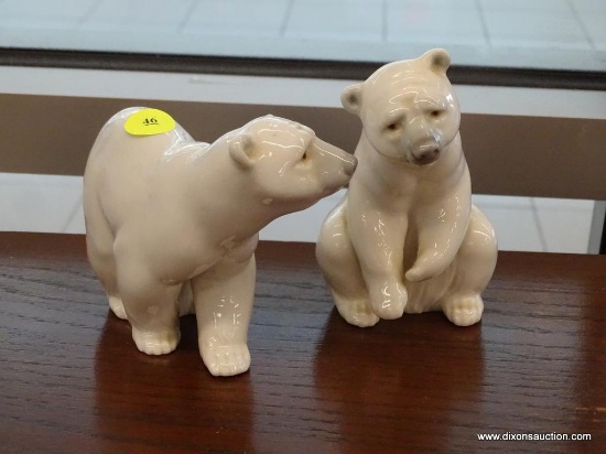 2 LLADRO BEARS; BOTH ARE FIGURINES OF POLAR BEARS. MADE BY LLADRO PORCELAIN, SPAIN. BOTH ARE IN