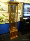 CURIO CABINET; HAS LIGHTED INTERIOR AND 1 UPPER GLASS DOOR WITH 2 INTERIOR GLASS SHELVES AND 1 LOWER