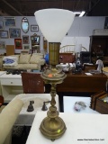 VINTAGE LAMP; VINTAGE BRASS AND MILK GLASS LAMP WITH CANDLESTICK STYLE BODY. MEASURES 28 IN TALL