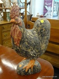 ROOSTER STATUE; WOODEN STATUE OF A BLACK AND RED ROOSTER WITH DISTRESSED FINISH. IS IN GOOD