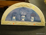 OVER THE DOOR WALL DECOR ; FEATURES RAISED SCROLL DETAILS IN BEIGE, HALF MOON SHAPE, CRACKLE FINISH