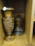 WOODEN DECORATIONS; CARVED DETAIL WITH A ROUND BASE AND A FLUTED TOP THAT'S HOLLOW ON THE INSIDE AND