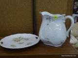 ANTIQUE PORCELAIN PITCHER AND SERVING PLATE; JOHNSON BRO ENGLAND WHITE PITCHER WITH WORN DETAIL OF