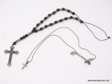 LOT OF ASSORTED RELIGIOUS JEWELRY; LOT INCLUDES A BLACK BEADED ROSARY, AND A SILVER TONE CHAIN WITH