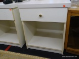 WOODEN SIDE TABLE; ONE DRAWER WITH GOLD COLORED KNOB. TOP HAS ROUNDED EDGES ON THE FRONT. MATCHES