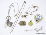 LOT OF ASSORTED COSTUME JEWELRY; LOT INCLUDES A MIDDLE EASTERN CHARM ON A CHAIN, 2 HEART LOCKETS ON