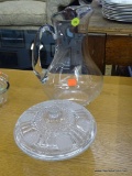 GLASS PITCHER & ETCHED CANDY BOWL; CLEAR GLASS PITCHER. CLEAR ETCHED WITH FLOWER DESIGN CANDY BOWL