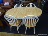 GATE LEG WOODEN KITCHEN TABLE & CHAIRS; TO INCLUDE FOUR KITCHEN CHAIRS PAINTED WHITE WITH THE SEAT