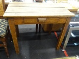 ANTIQUE RUSTIC WOOD TABLE; INCLUDES ONE DRAWER WITH A WOODEN PULL, TONGUE AND GROOVE TABLE TOP, 4