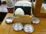 BOX LOT OF ASSORTED ITEMS; TO INCLUDE 4 COASTERS, 2 CROSS STITCHED LETTER L AND THE OTHER 2 ARE