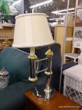 SILVER AND BRASS SWINGING ARM TABLE LAMP; SWINGING ARM TABLE LAMP WITH SILVER BASE AND BRASS