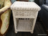 WHITE WICKER SIDE TABLE; ONE DRAWER SIDE TABLE WITH SQUARE TOP, BASKET WEAVE SIDES, AND LOWER SHELF.