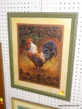 FRAMED ROOSTER PRINT; RED, GREEN, AND BROWN THEMED ROOSTER PRINT DOUBLE MATTED IN RED AND MARBLED