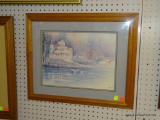 FRAMED VICTORIAN POND PRINT; PRINT DEPICTS A FOGGY POND SCENE WITH A VICTORIAN COTTAGE AND MOM AND