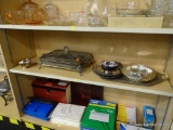 SHELF LOT OF SILVERPLATE; INCLUDES A COVERED, FOOTED, DOUBLE-HANDLED SERVING DISH STAND WITH GLASS