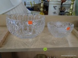 PARTIAL SHELF LOT OF GLASSWARE; THIS 2 PIECE LOT INCLUDES A LARGE DIAMOND PATTERNED SERVING BOWL AND