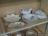 PARTIAL SHELF LOT OF PORCELAIN DISHES; THIS 5 PIECE LOT INCLUDES A LENOX SCALLOP RIMMED PLATE HAND